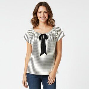 LOFT Ann Taylor Women Blouse Striped Scoop Neck Cap Sleeve Bow Tie Cream Black